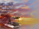 This background depicts an exciting battle scene with an American flag superimposed behind it